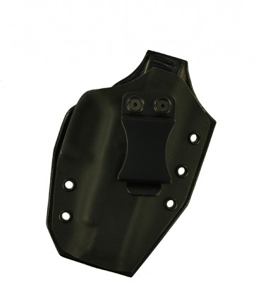 Close Encounter for a Glock 48, r/h, Hybrid, Black Kydex Front, Black Leather Back, Canted, Clip