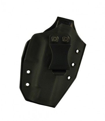 Close Encounter for a Glock 48, r/h, Hybrid, Black Kydex, Black Leather Back, Canted, Clip