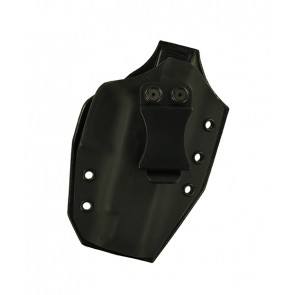 Close Encounter for a Glock 48, r/h, Hybrid, Black Kydex, Black Leather Back, Canted, Clip